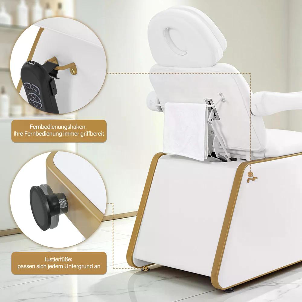 BP Kosmetikliege Elektrisch mit 2 Motoren Kopfstütze 16 cm ausziehbar 180° Drehbare Armlehnen Massageliege 80 cm breit Tattoo Liege für SPA Salon 0739 Weiß Kunstleder