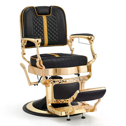 BP Friseurstuhl mit Kopfstütze Kippbar Friseureinrichtung mit Hydraulikpumpe 360° Drehbar Höhenverstellbarer Bedienungsstuhl im Vintage Stil Barber Stuhl Kunstleder 2965 Gold-Schwarz