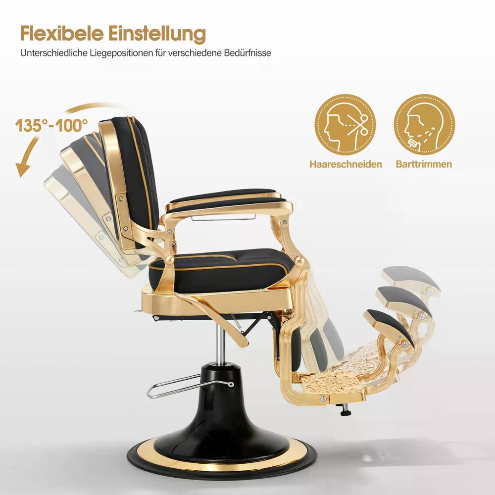 BP Friseurstuhl mit Kopfstütze Kippbar Friseureinrichtung mit Hydraulikpumpe 360° Drehbar Höhenverstellbarer Bedienungsstuhl im Vintage Stil Barber Stuhl Kunstleder 2965 Gold-Schwarz