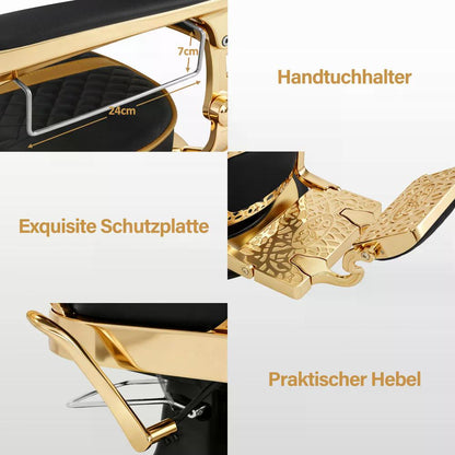 BP Friseurstuhl mit Kopfstütze Kippbar Friseureinrichtung mit Hydraulikpumpe 360° Drehbar Höhenverstellbarer Bedienungsstuhl im Vintage Stil Barber Stuhl Kunstleder 2965 Gold-Schwarz