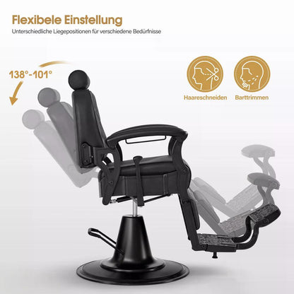 BP Friseurstuhl mit Kopfstütze Kippbar Friseureinrichtung mit Hydraulikpumpe 360° Drehbar Höhenverstellbarer Bedienungsstuhl im Vintage Stil Barber Stuhl Kunstleder 3813 Schwarz