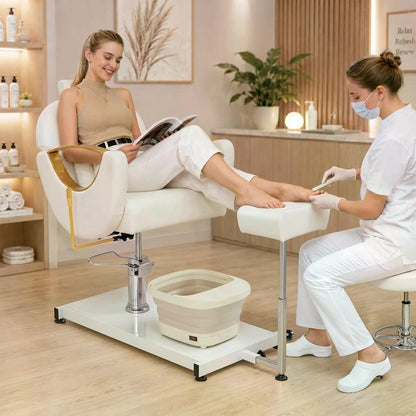 BP Pediküre Stuhl mit Fußbadewanne & Pediküre Hocker Friseurstuhl mit Goldlackierten Armlehnen Höhenverstellbar & Kippbar Fußpflegestuhl für Nagelstudio F0325 Gold-Weiß