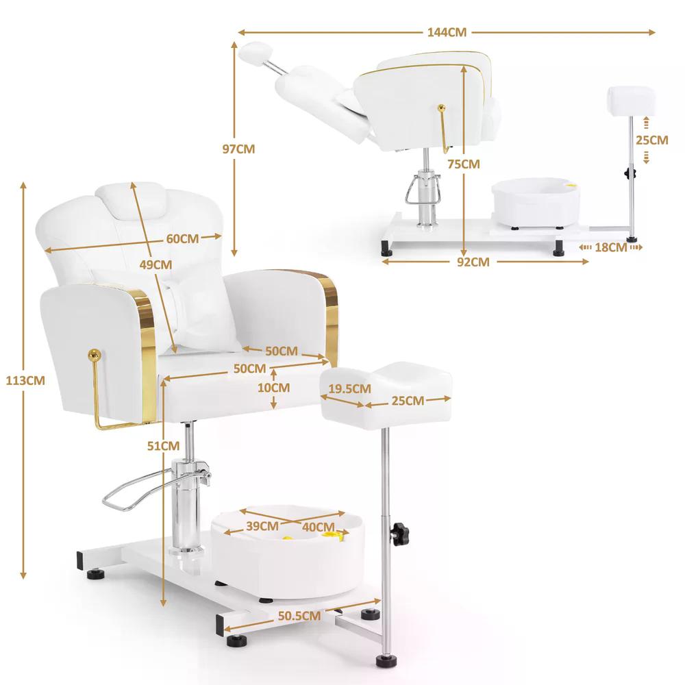BP Pediküre Stuhl mit Fußbadewanne Friseurstuhl Höhenverstellbar & Kippbar Fußpflegestuhl für Nagelstudio Retro F0371 Gold-Weiß