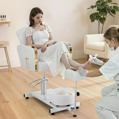 BP Pediküre Stuhl mit Fußbadewanne Friseurstuhl Höhenverstellbar & Kippbar Fußpflegestuhl für Nagelstudio Retro F0371 Gold-Weiß