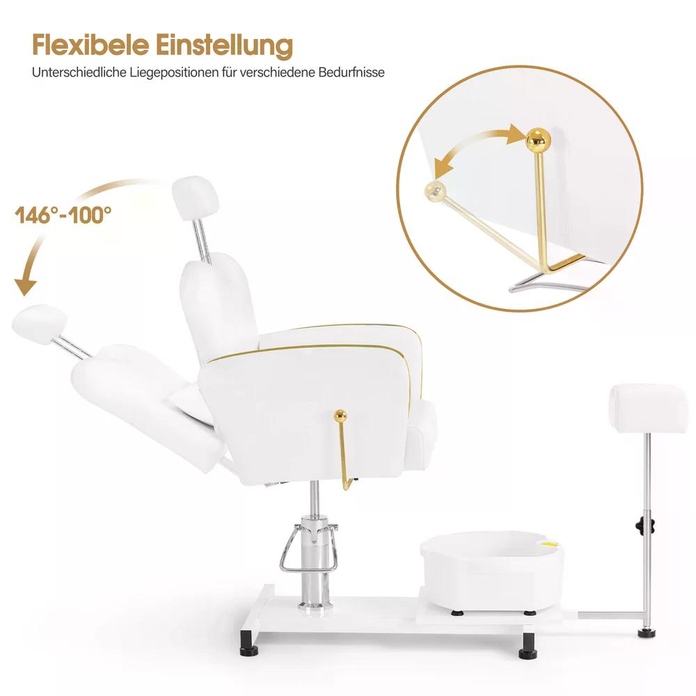 BP Pediküre Stuhl mit Fußbadewanne Friseurstuhl Höhenverstellbar & Kippbar Fußpflegestuhl für Nagelstudio Retro F0371 Gold-Weiß