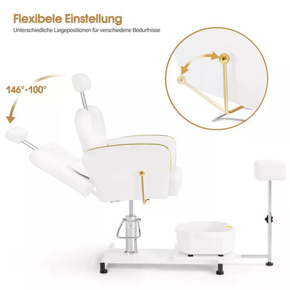 BP Pediküre Stuhl mit Fußbadewanne Friseurstuhl Höhenverstellbar & Kippbar Fußpflegestuhl für Nagelstudio Retro F0371 Gold-Weiß