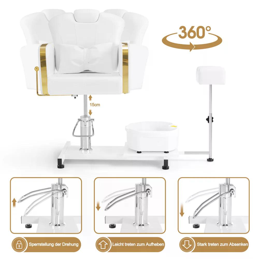 BP Pediküre Stuhl mit Fußbadewanne Friseurstuhl Höhenverstellbar & Kippbar Fußpflegestuhl für Nagelstudio Retro F0371 Gold-Weiß