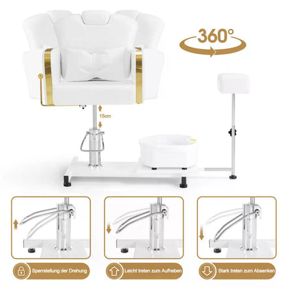 BP Pediküre Stuhl mit Fußbadewanne Friseurstuhl Höhenverstellbar & Kippbar Fußpflegestuhl für Nagelstudio Retro F0371 Gold-Weiß