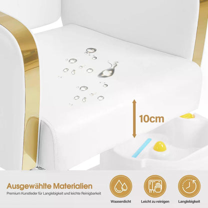 BP Pediküre Stuhl mit Fußbadewanne Friseurstuhl Höhenverstellbar & Kippbar Fußpflegestuhl für Nagelstudio Retro F0371 Gold-Weiß