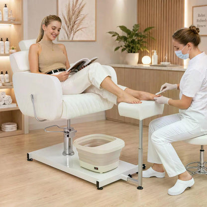 BP Pediküre Stuhl mit Fußbadewanne & Pediküre Hocker Friseurstuhl Höhenverstellbar & Kippbar Rückenlehne & Kopfstütze Ausziehbar Fußpflegestuhl für Nagelstudio F0380 Weiß