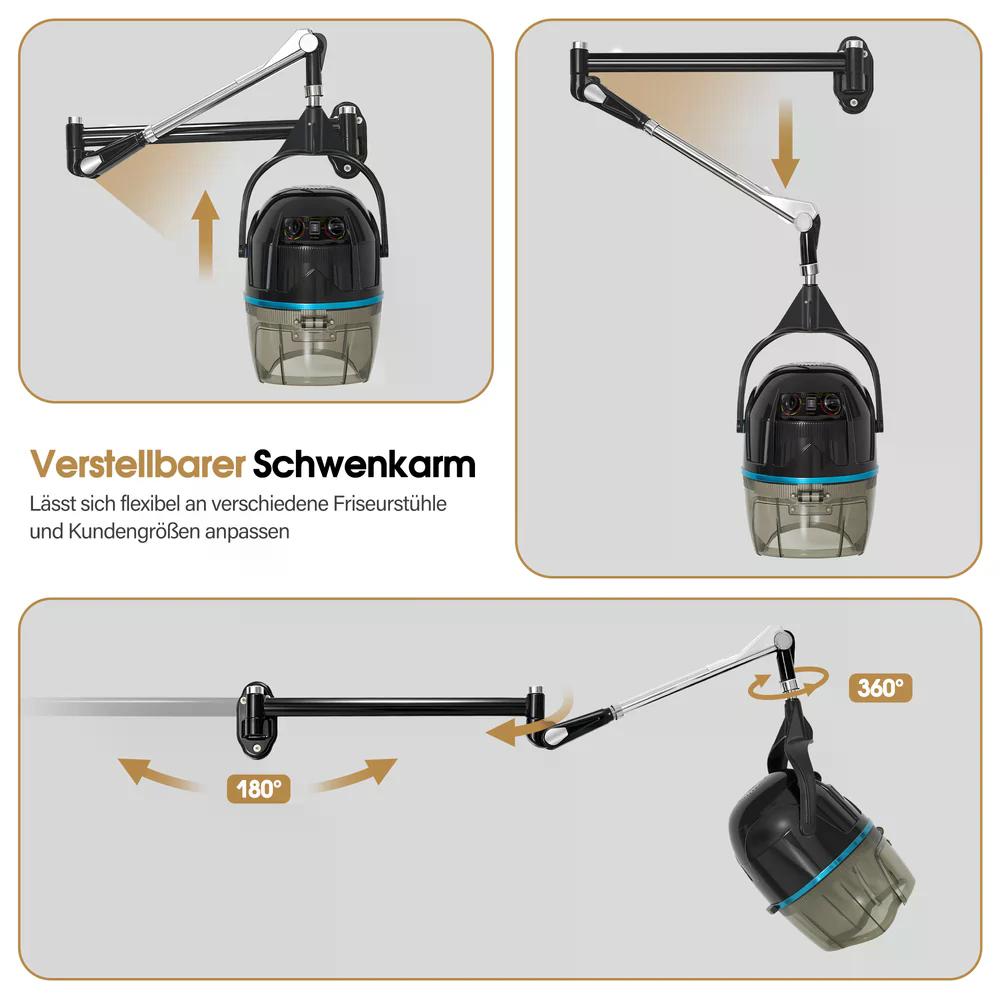 BP Wandmontage Trockenhaube für Haare 1100W Trockenhaube Schwebehaube Horizontal ausziehbar 148,5 cm Föhnhaube mit 0-75°C & 60 Min Timer Verstellbar Friseurhaube für Salon TR272 Schwarz