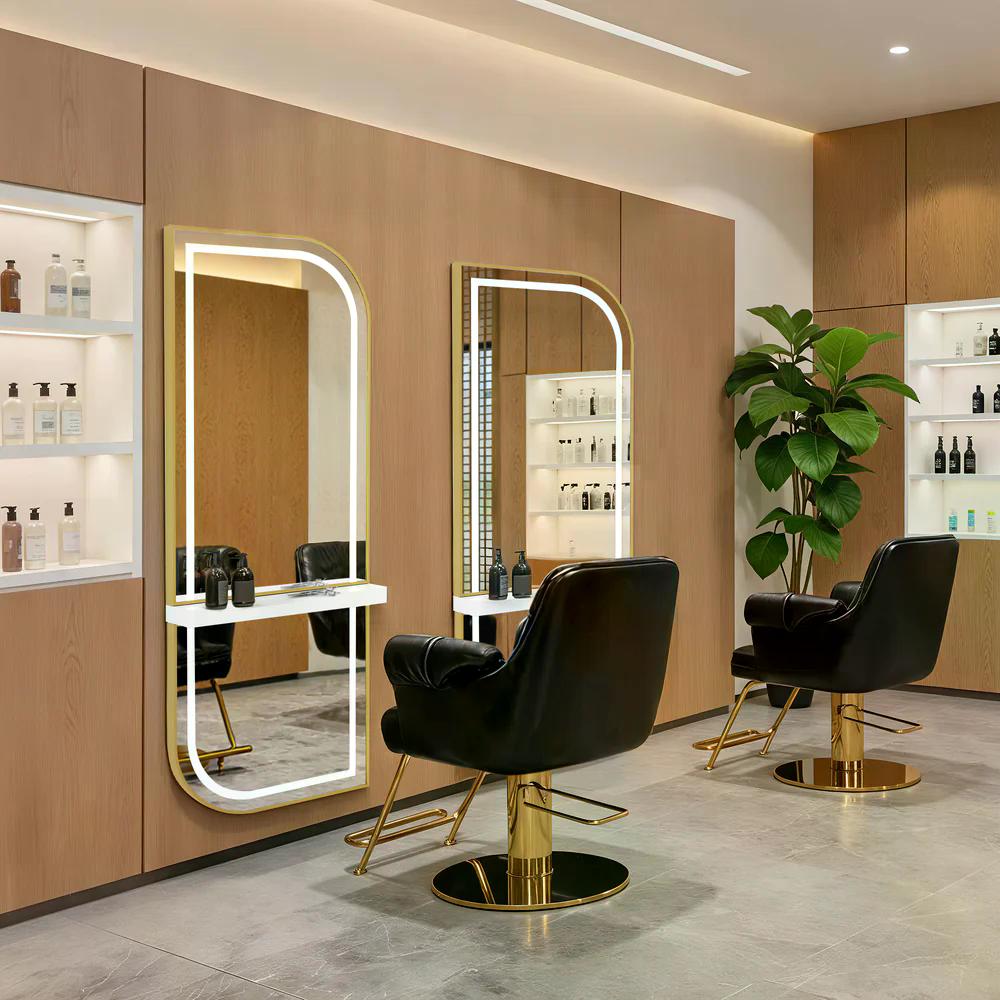 BP Wandspiegel mit Beleuchtung Ganzkörperspiegel mit Aluminiumrahmen Großer Spiegel mit Ablage Touch-Schalter 3 Lichtfarben Dimmbar für Friseursalon J6298