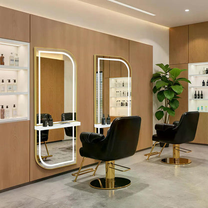 BP Wandspiegel mit Beleuchtung Ganzkörperspiegel mit Aluminiumrahmen Großer Spiegel mit Ablage Touch-Schalter 3 Lichtfarben Dimmbar für Friseursalon J6298