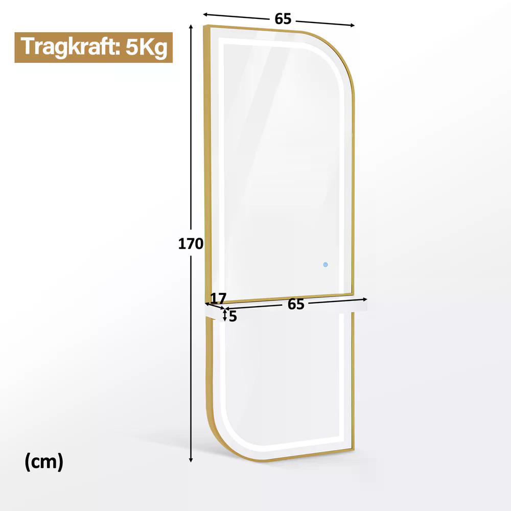BP Wandspiegel mit Beleuchtung Ganzkörperspiegel mit Aluminiumrahmen Großer Spiegel mit Ablage Touch-Schalter 3 Lichtfarben Dimmbar für Friseursalon J6298
