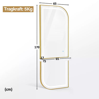 BP Wandspiegel mit Beleuchtung Ganzkörperspiegel mit Aluminiumrahmen Großer Spiegel mit Ablage Touch-Schalter 3 Lichtfarben Dimmbar für Friseursalon J6298
