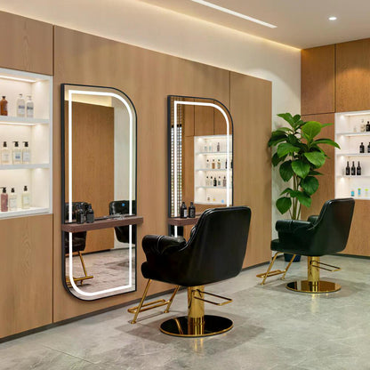 BP Wandspiegel mit Beleuchtung Ganzkörperspiegel mit Aluminiumrahmen Großer Spiegel mit Ablage Touch-Schalter 3 Lichtfarben Dimmbar für Friseursalon J6298