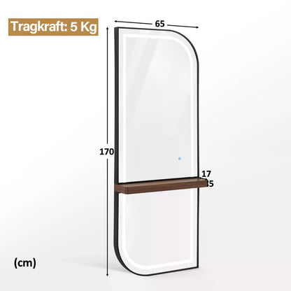 BP Wandspiegel mit Beleuchtung Ganzkörperspiegel mit Aluminiumrahmen Großer Spiegel mit Ablage Touch-Schalter 3 Lichtfarben Dimmbar für Friseursalon J6298