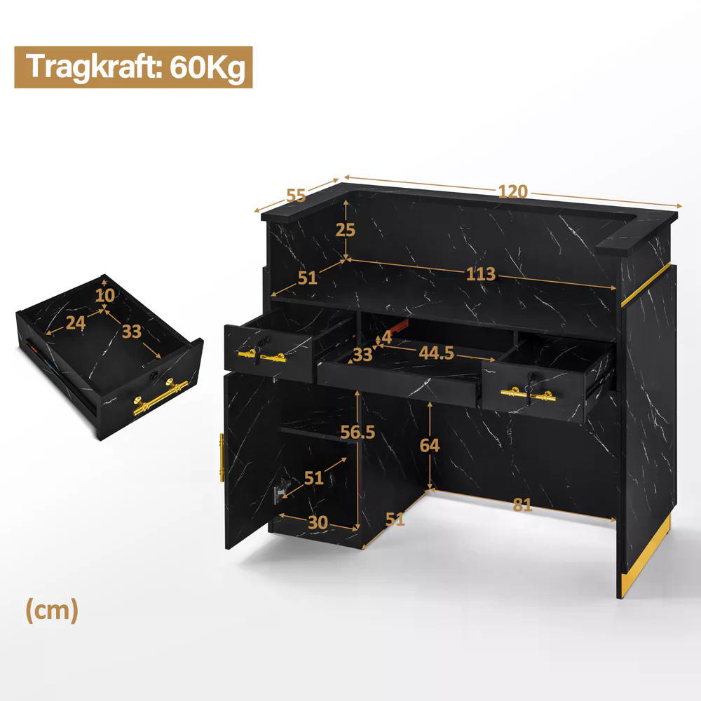 BP Empfangstheke mit 3 Schubladen 1 Schrank Beleuchtung abschließbar Rezeptionstheke Kassentheke für Friseursalon 55x120x107 cm R9759