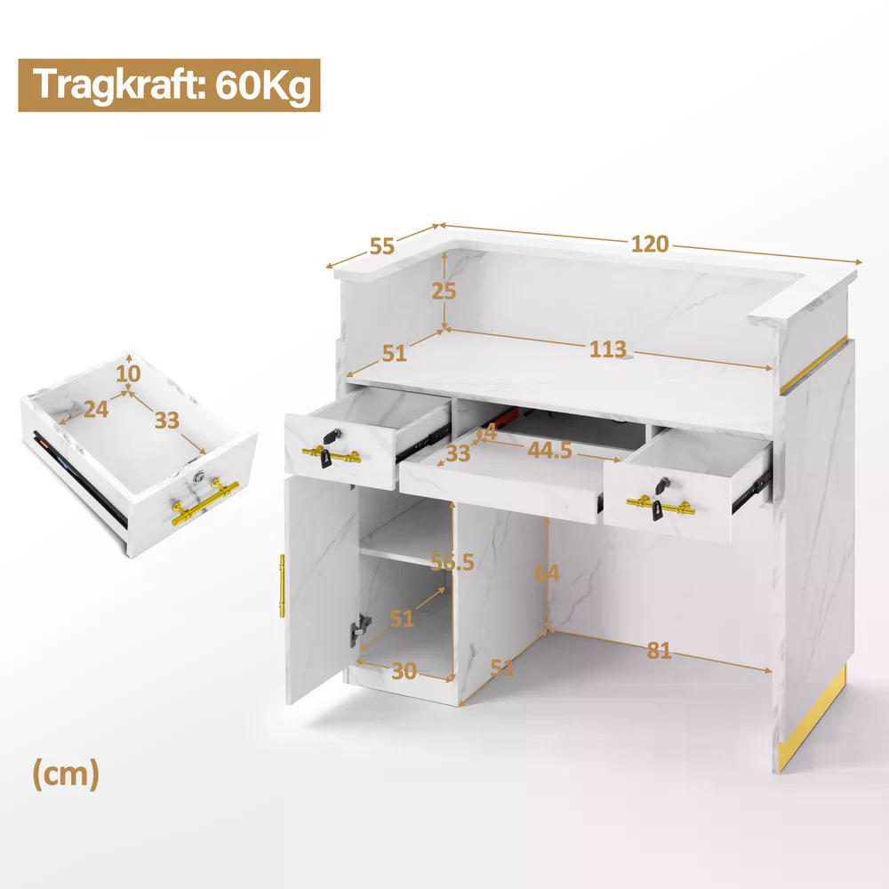 BP Empfangstheke mit 3 Schubladen 1 Schrank Beleuchtung abschließbar Rezeptionstheke Kassentheke für Friseursalon 55x120x107 cm R9759