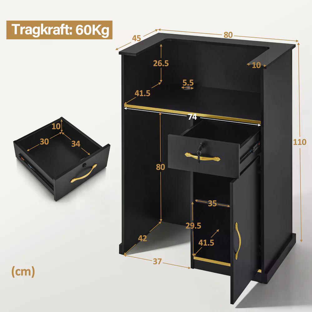 BP Empfangstheke mit 1 Schublade 1 Schrank abschließbar Empfangstresen Holz Rezeptionstheke schmal Kassentheke für Friseursalon 45x80x110 cm R9788 Schwarz