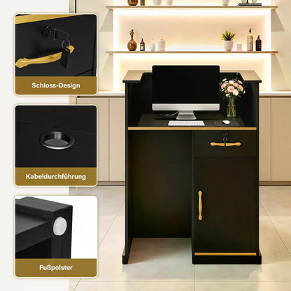 BP Empfangstheke mit 1 Schublade 1 Schrank abschließbar Empfangstresen Holz Rezeptionstheke schmal Kassentheke für Friseursalon 45x80x110 cm R9788 Schwarz